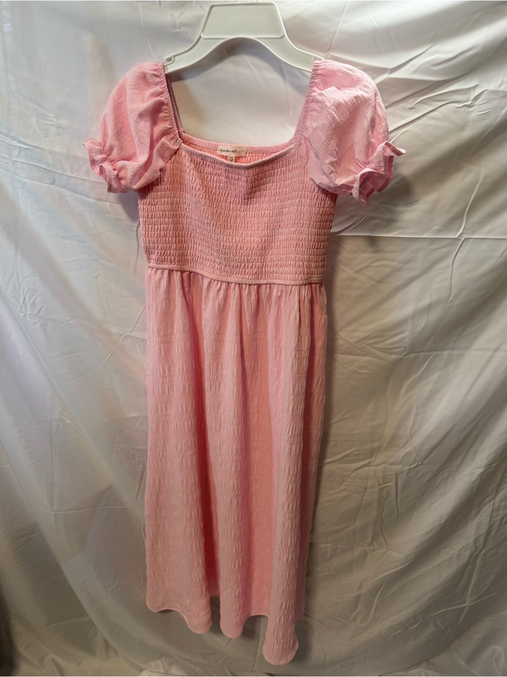Girls Pink Smocked Midi Dress with Puff Sleeves and Square Neck